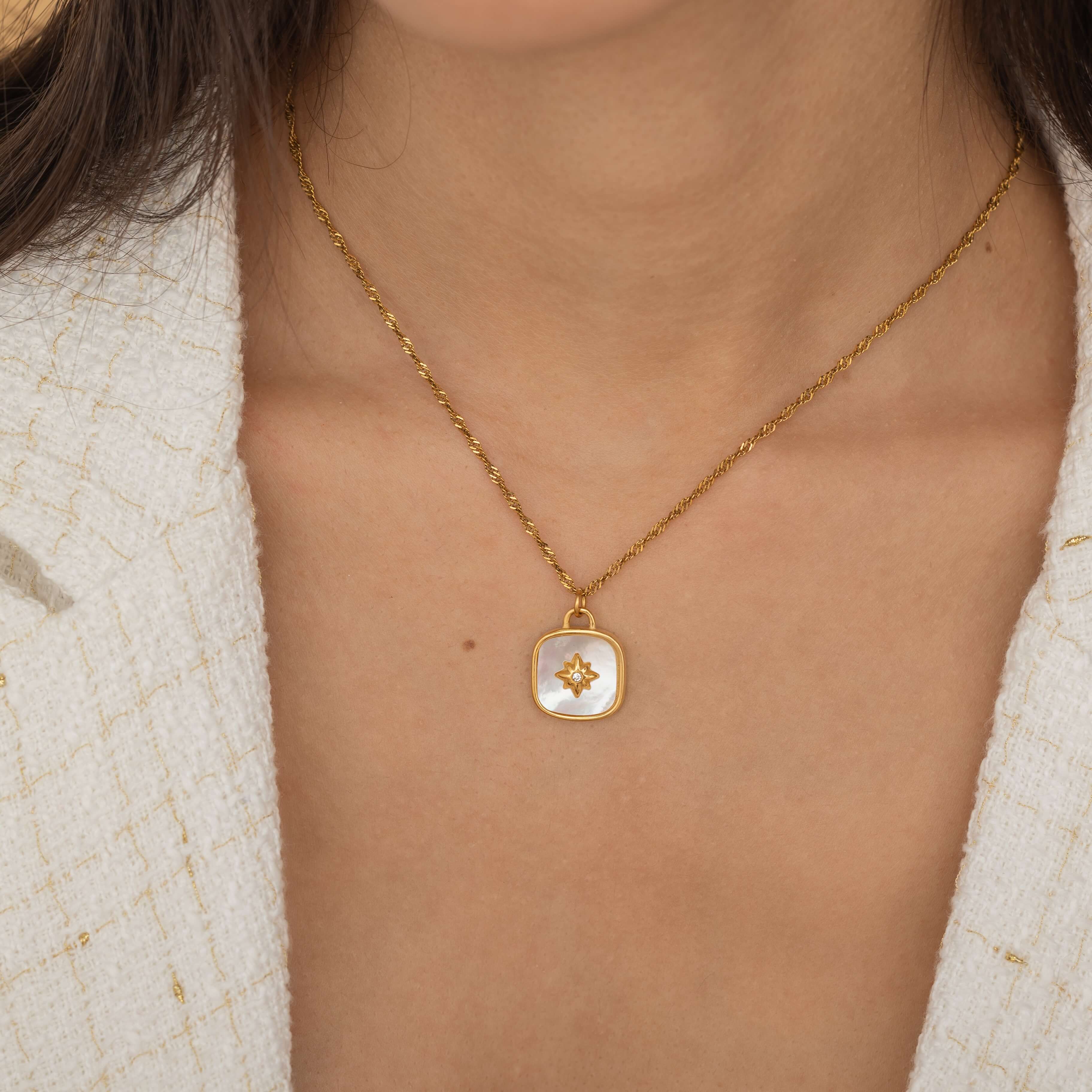 Mother of Pearl North Star Necklace for Layering in  Gold