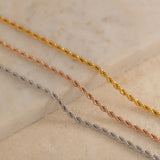 silver, gold and rose gold rope chain necklace for layering. tarnish free