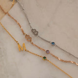 Rose Gold, Silver and Gold Filled Initial Necklace with Birthstone with custom chain style