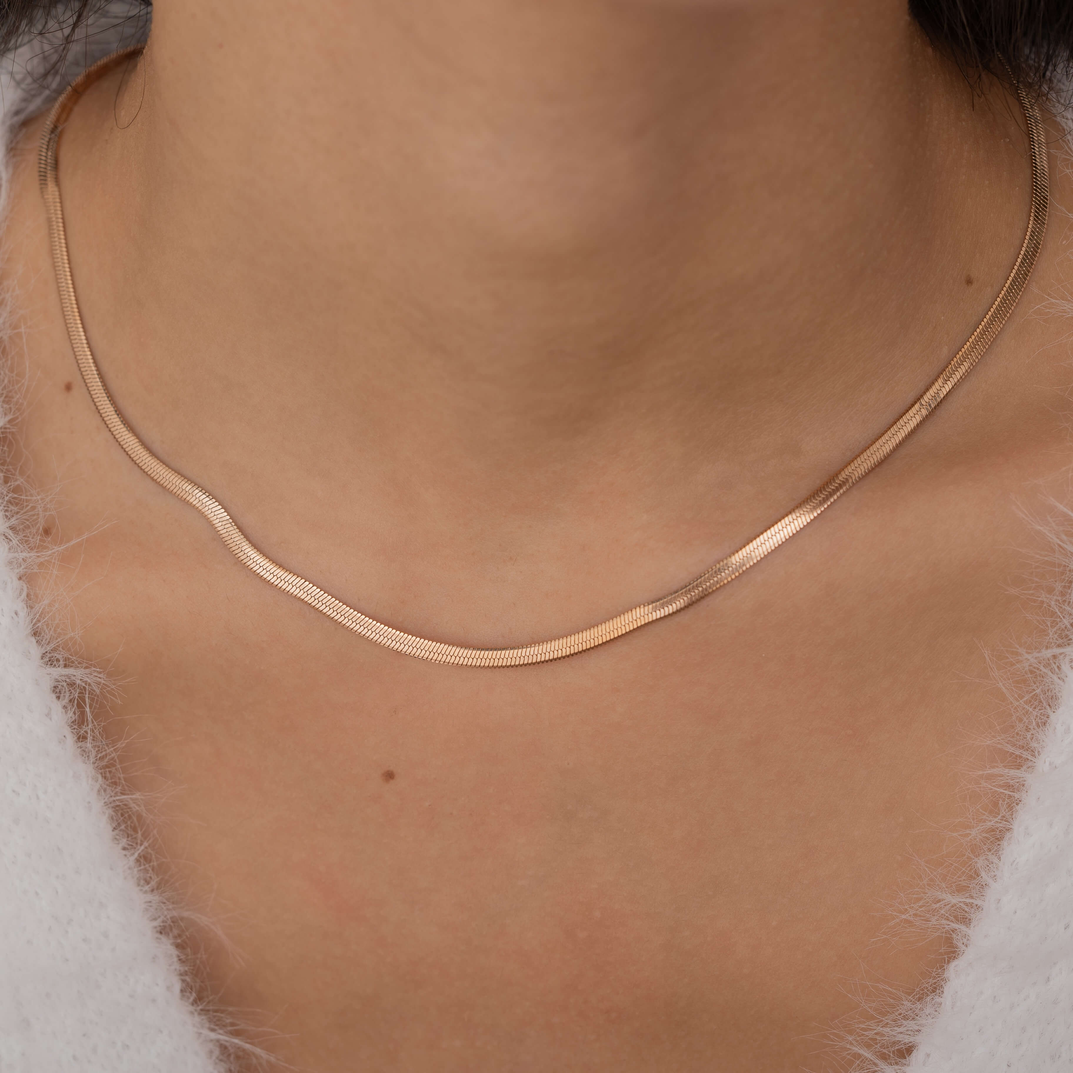 Rose Gold 3mm Herringbone Chain Necklace Waterproof and Tarnish Free