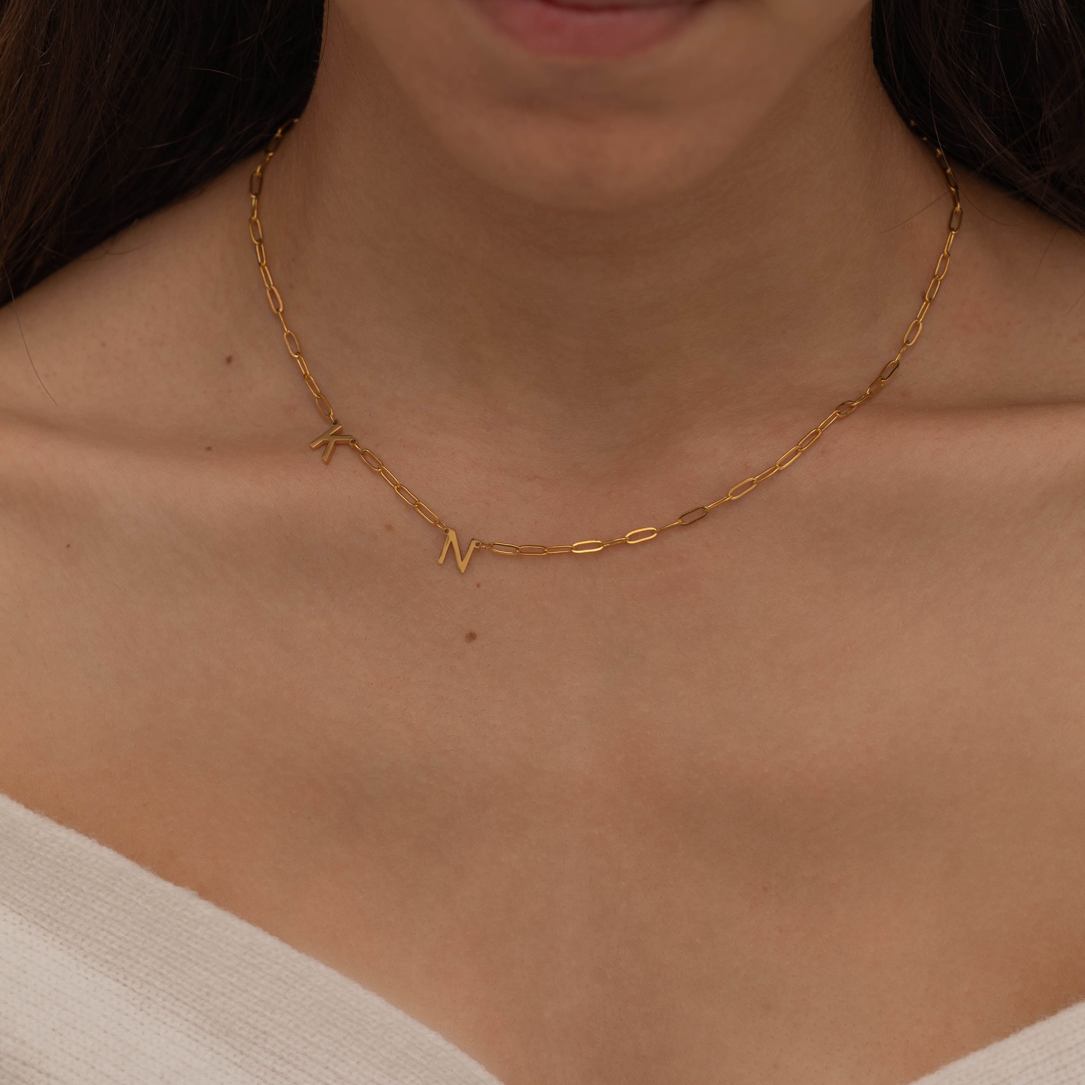 Gold Custom side initial necklace with custom chain styles. It is waterproof and tarnish free. 