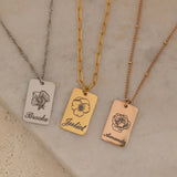 Gold, Silver, Rose necklace with engraved birth flower and name pendant, featuring a customizable birth month jewelry.