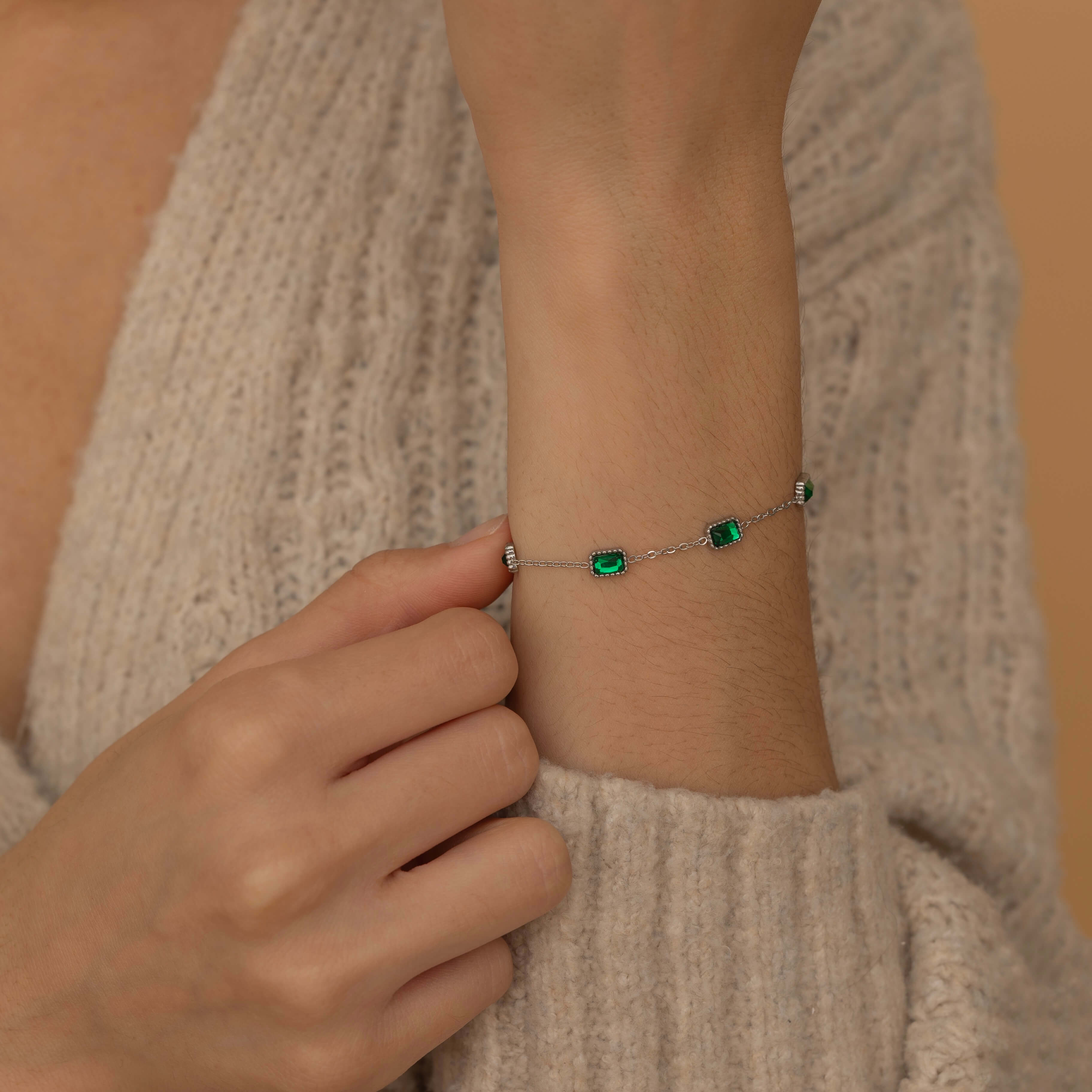 Dainty Cable Silver Bracelet with Emerald Color Stones perfect for everyday 