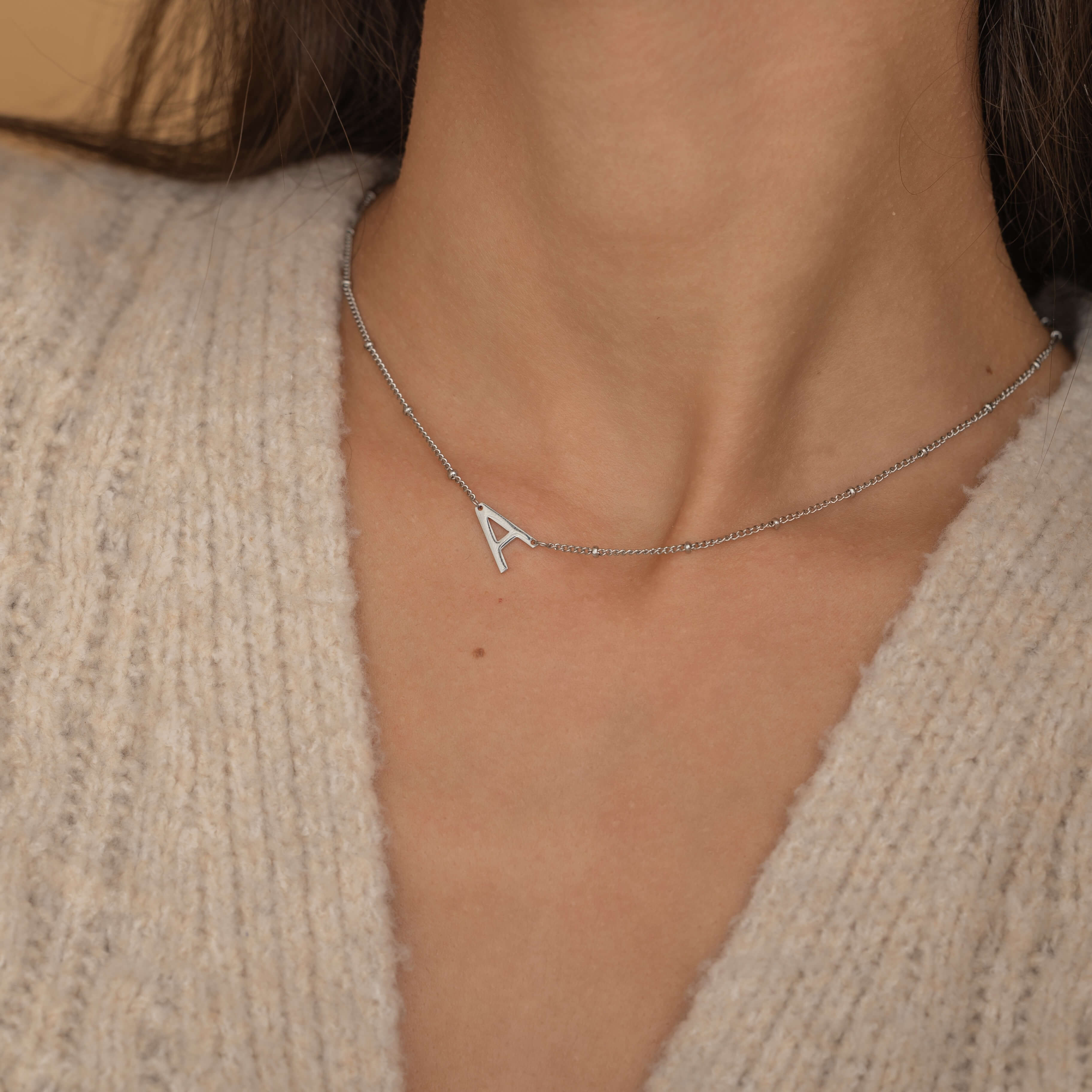 Silver Custom Initial Sideways Necklace with Satellite Chain