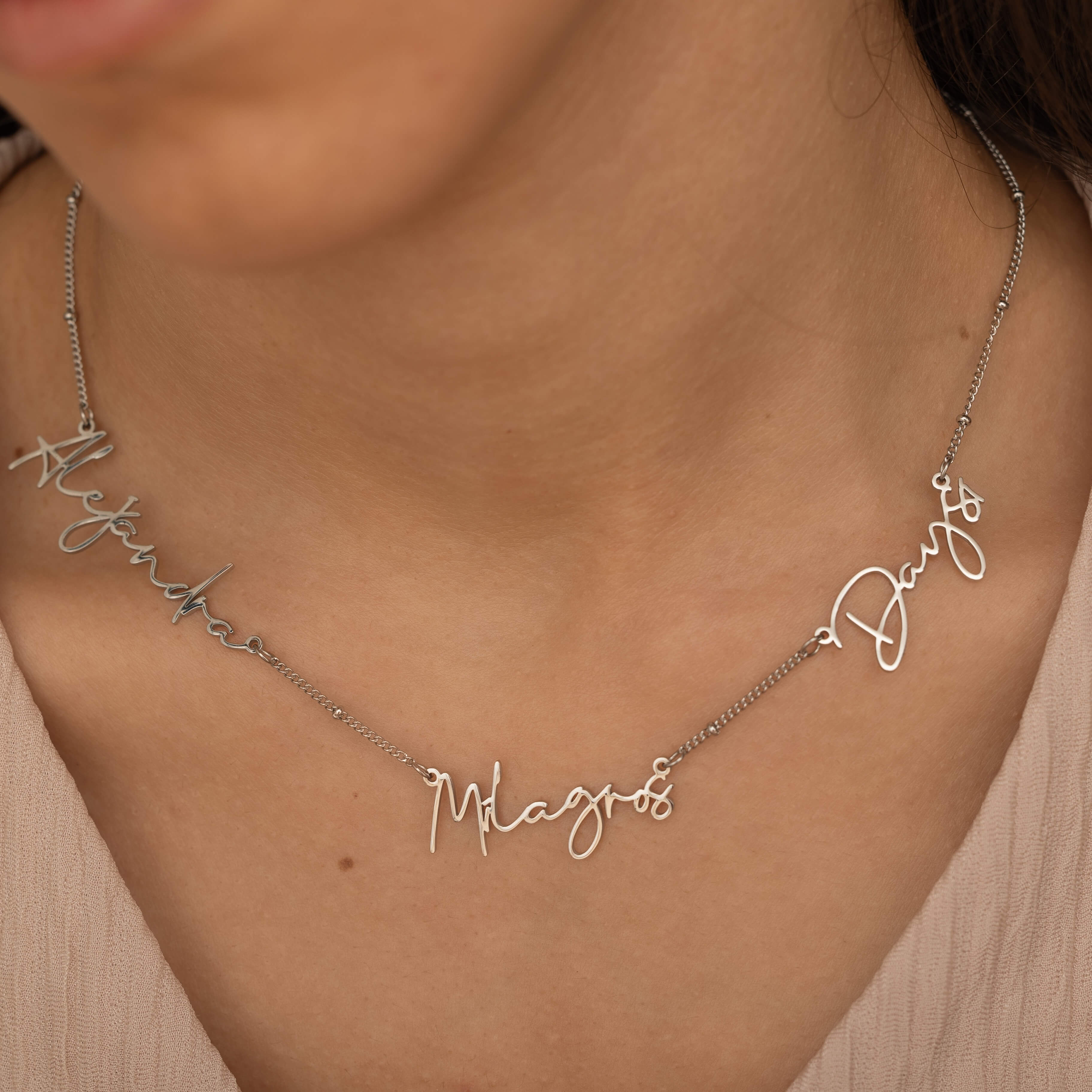 Silver Three Name Necklace with satellite Chain Style Perfect for mom