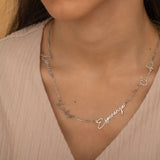 Silver Script Family Multiple Name Necklace with Paperclip Chain Style