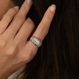 Stylish silver ribbed design ring worn on a finger, part of our fashion jewelry collection, ideal for adding elegance to any outfit.