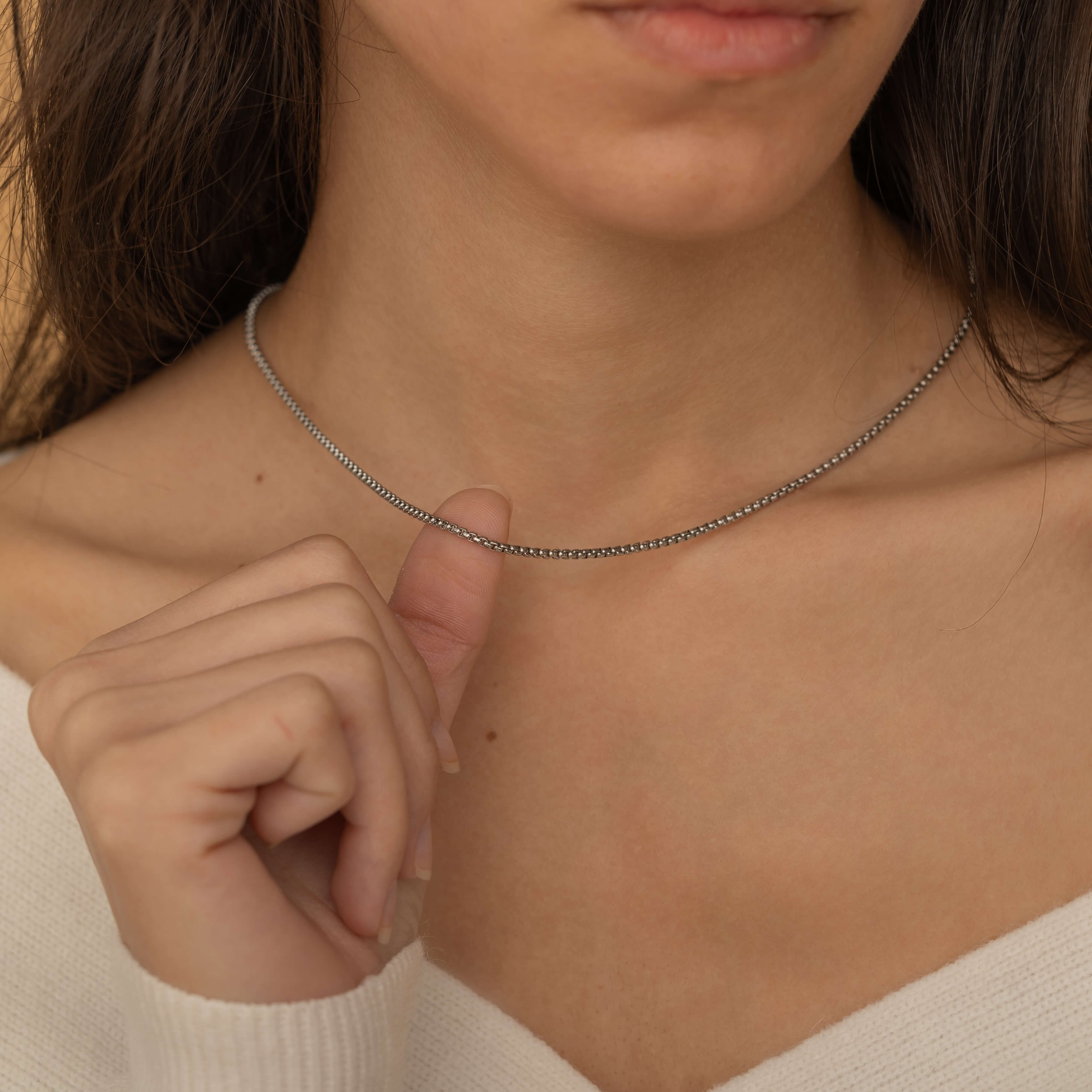 Dainty Layering Silver Round Box Chain Necklace for Women and Men