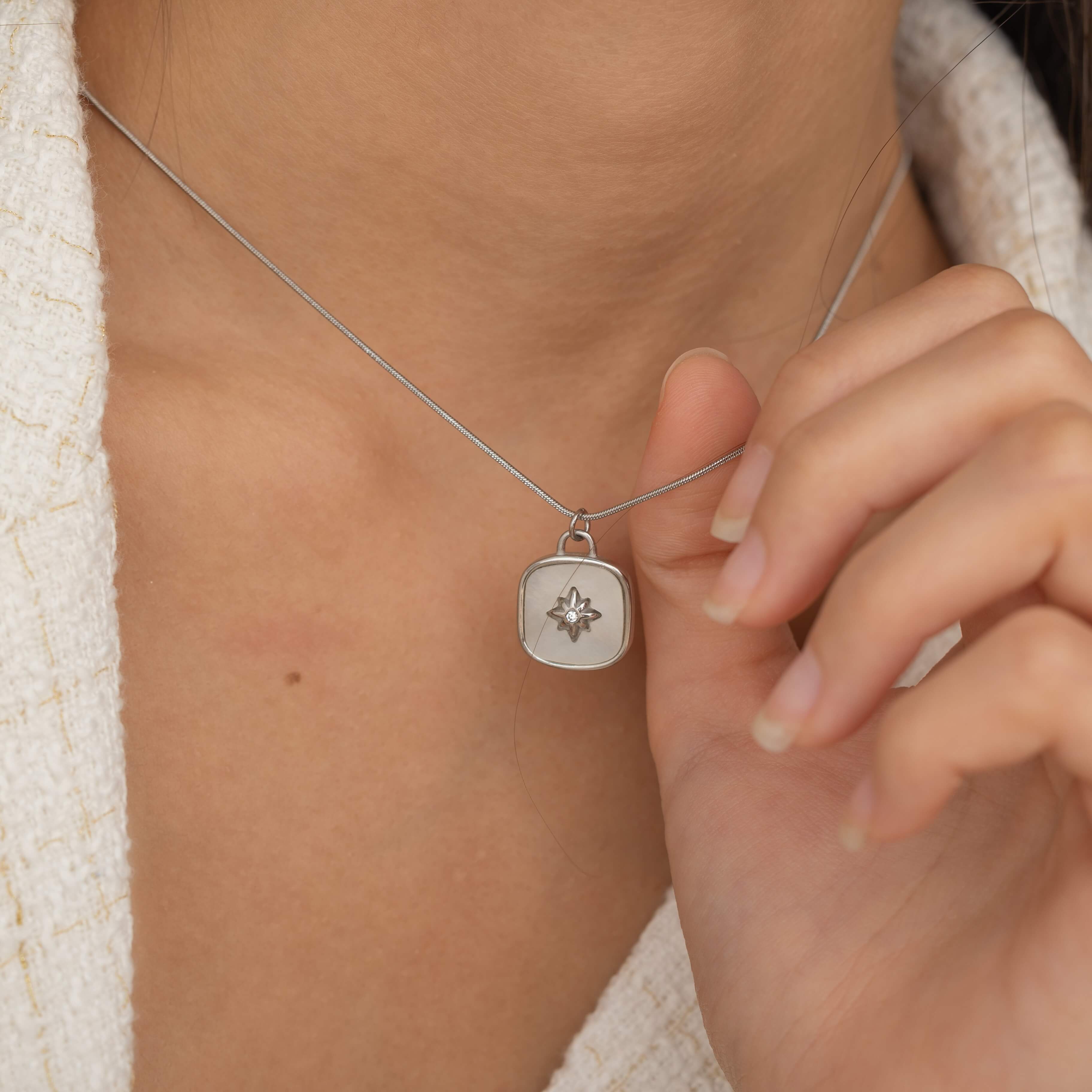 Mother of Pearl North Star Necklace for Layering in Silver 