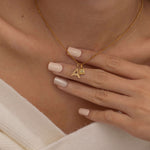 Gold Custom Sunburst Initial Necklace with custom birthstones. Perfect for everyday wear, waterproof and tarnish free