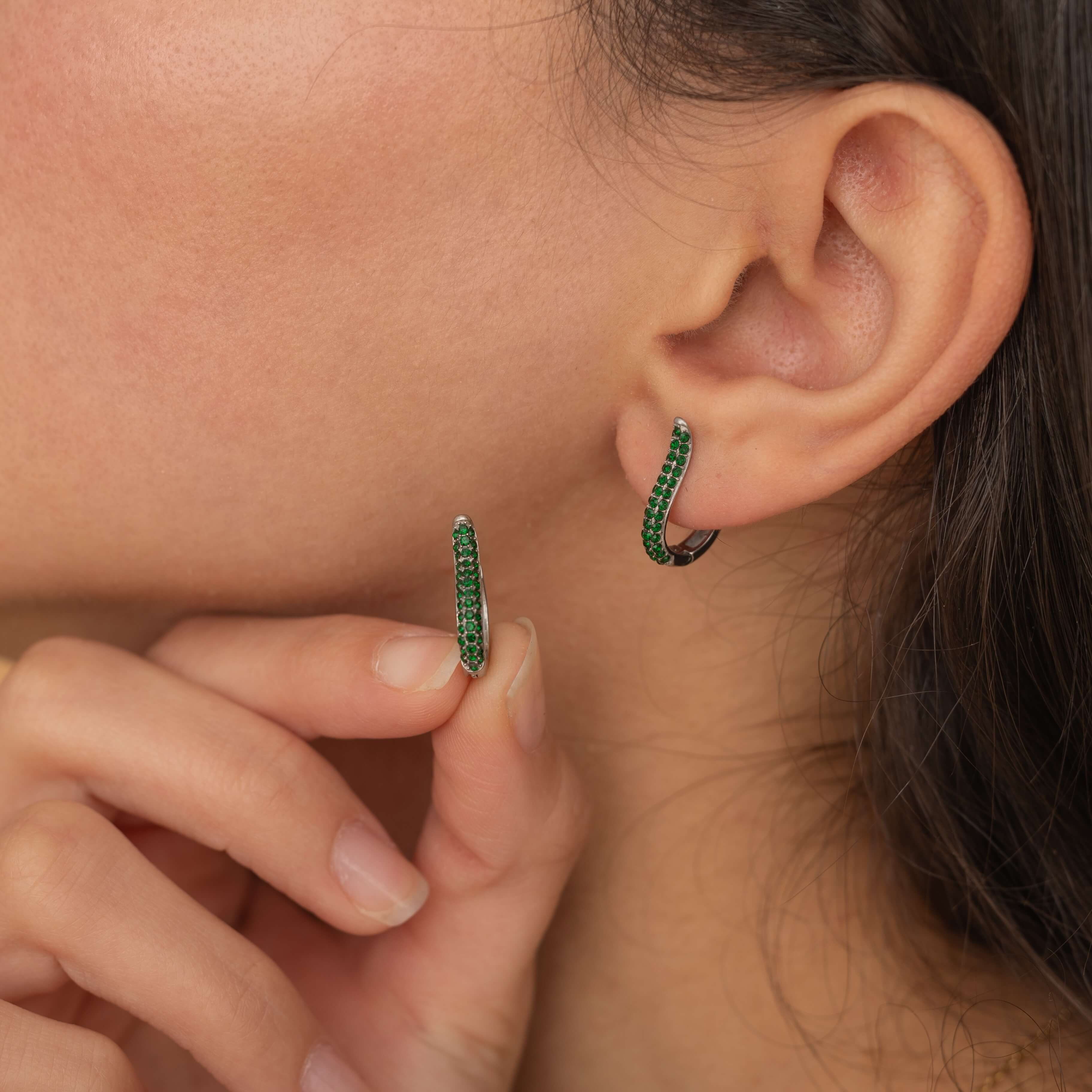 waterproof green gemstone hoops in silver