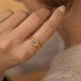 gold diamond signet ring with clear stone and ribbed band 